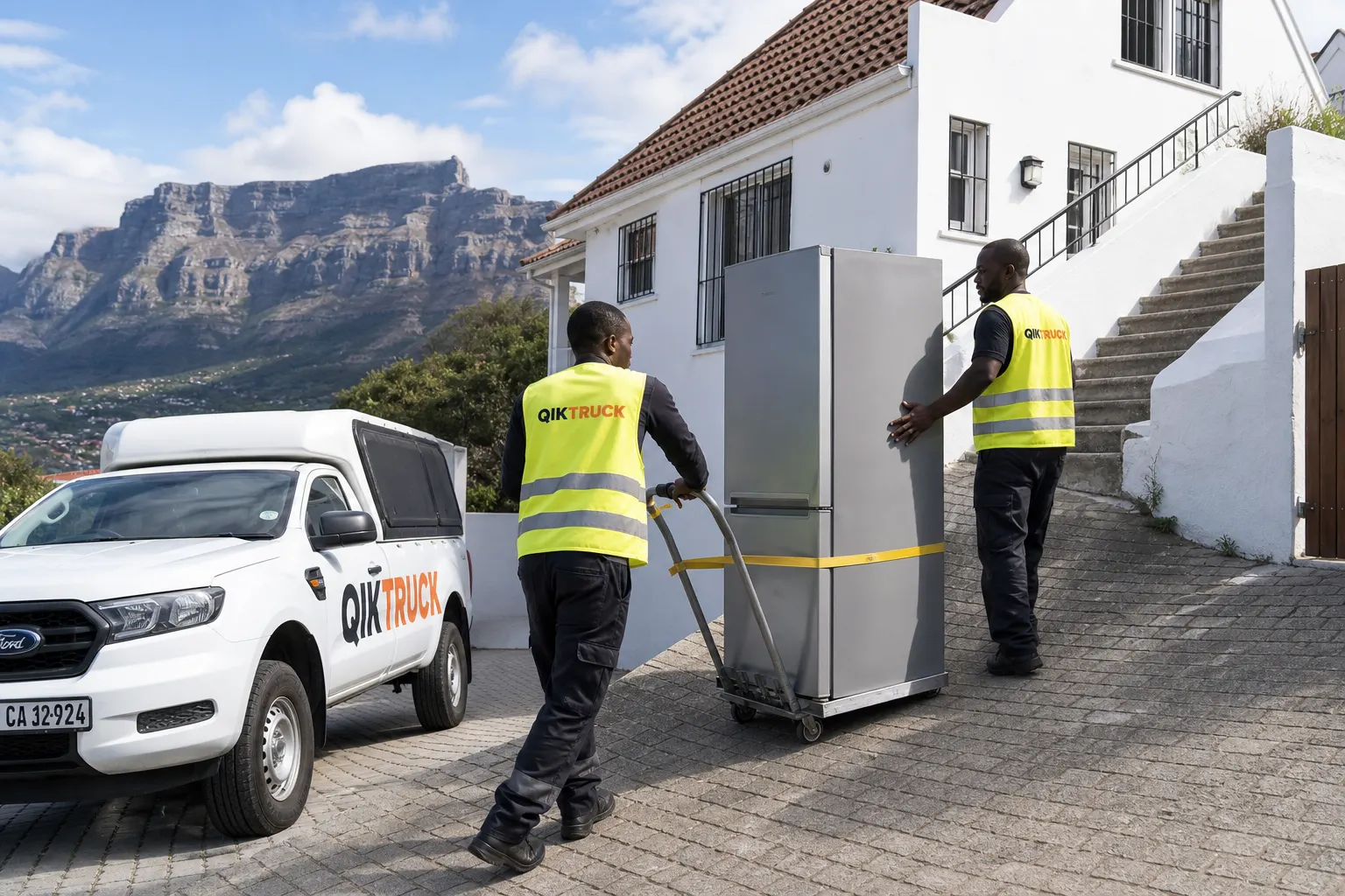 QikTruck bakkie hire in Cape Town with Table Mountain behind, fridge upright on a trolley