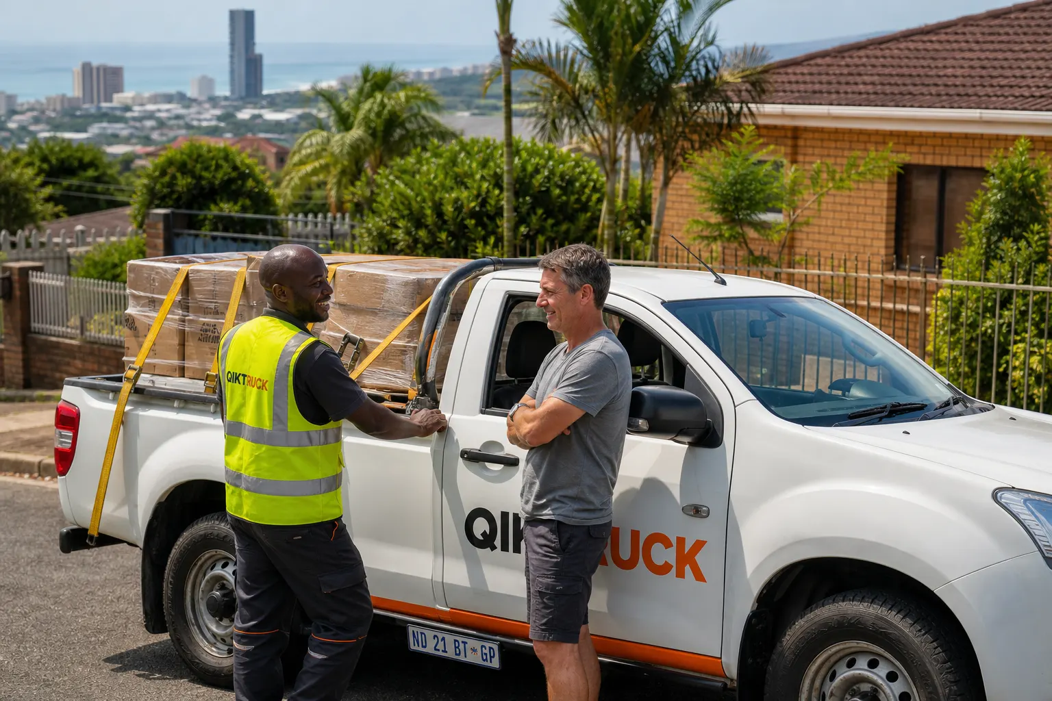 QikTruck bakkie with a driver in a Durban suburb, load already strapped