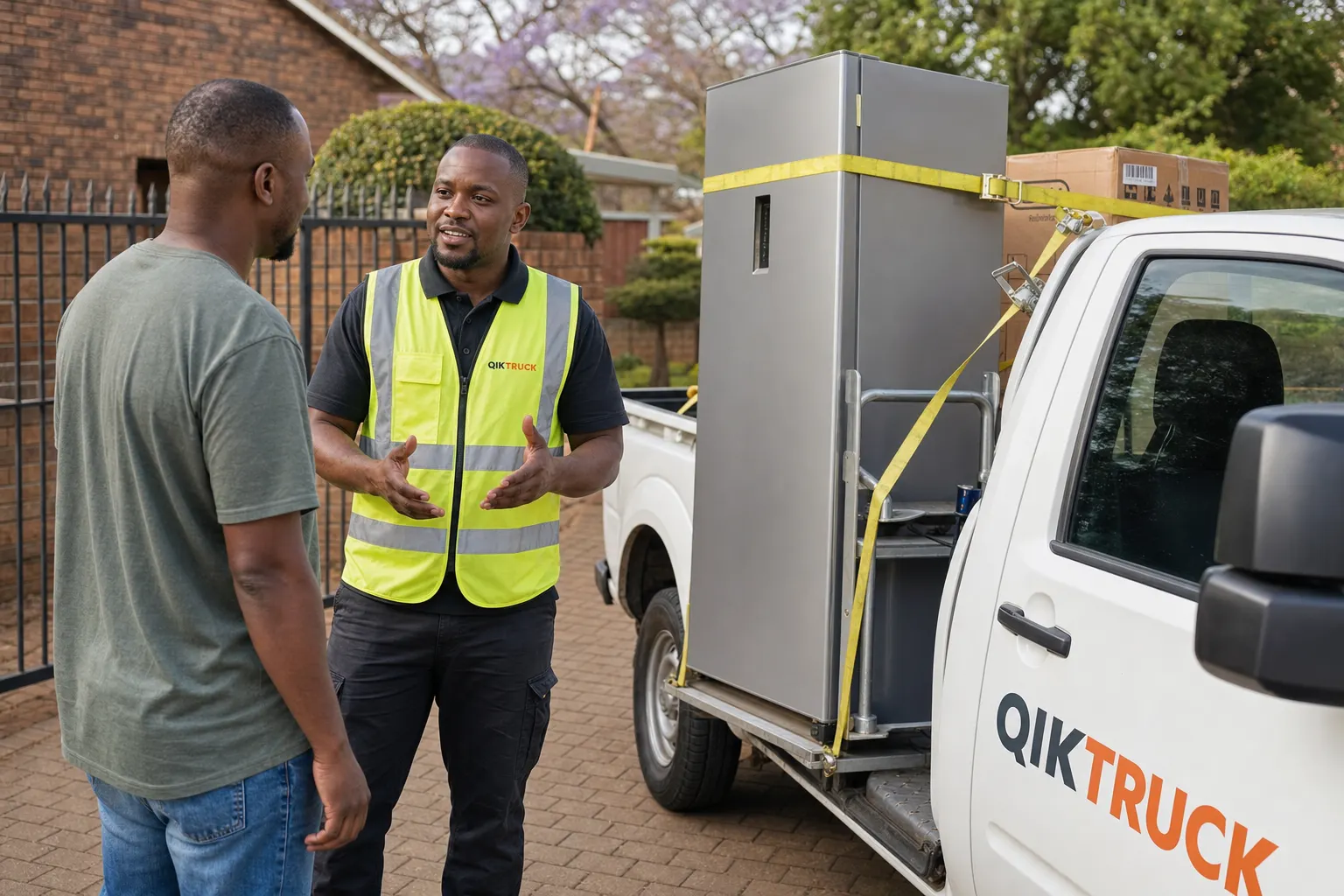 QikTruck bakkie with a driver on a Johannesburg driveway, fridge upright on a trolley