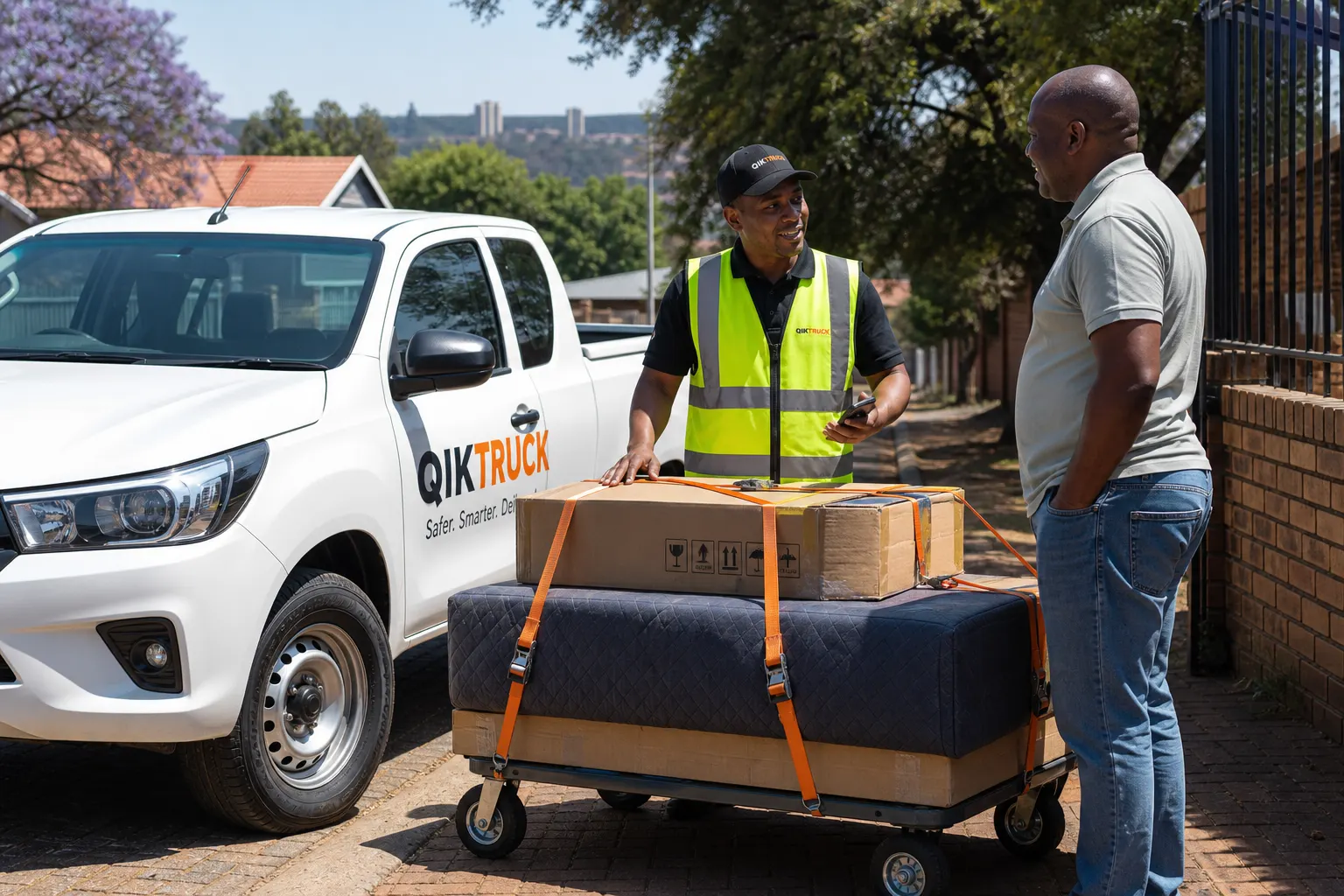 QikTruck bakkie with a driver on a Pretoria driveway under jacarandas
