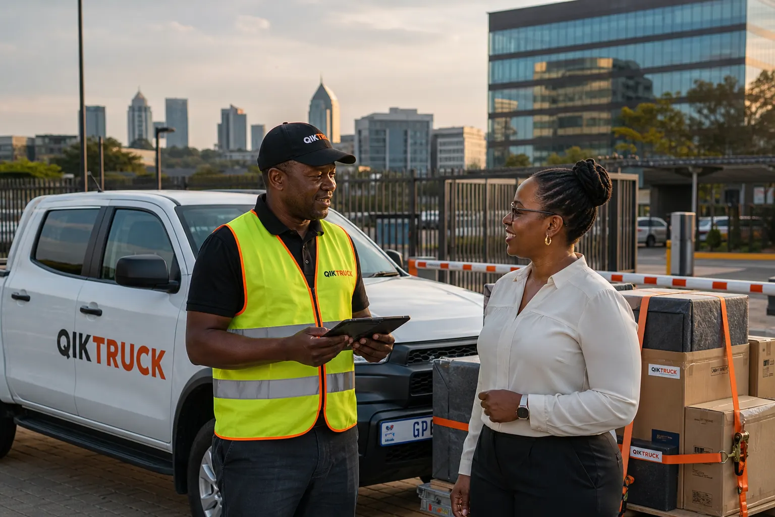 QikTruck bakkie with a driver at a Sandton office park