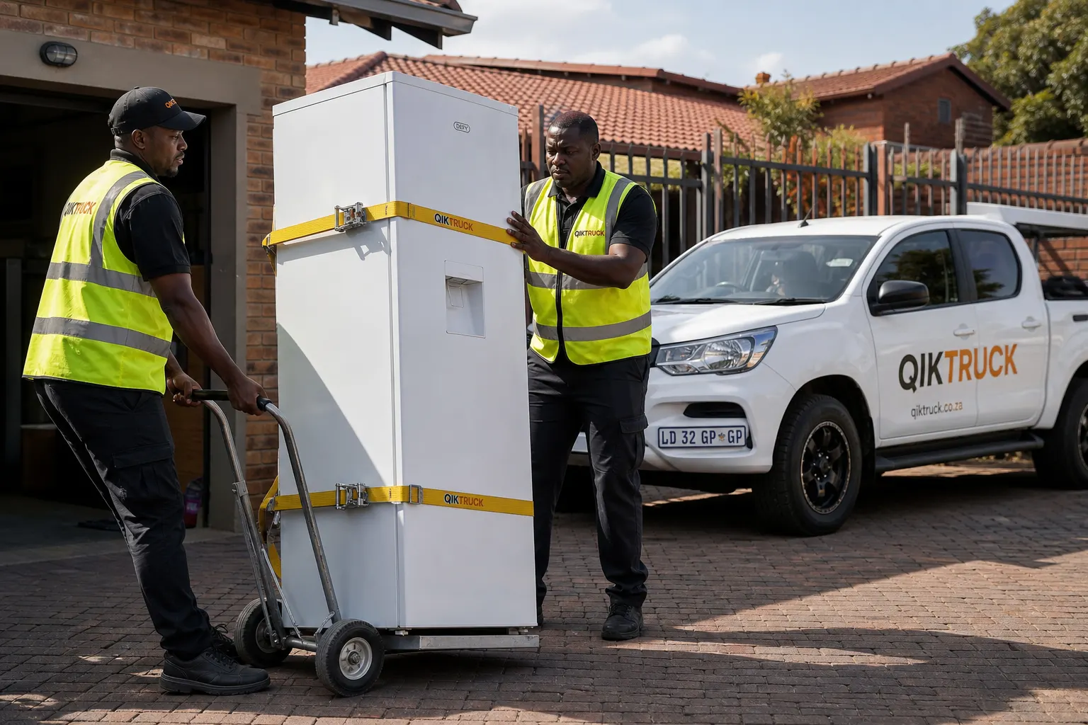 QikTruck crew rolling a fridge upright on an appliance trolley in a Johannesburg driveway