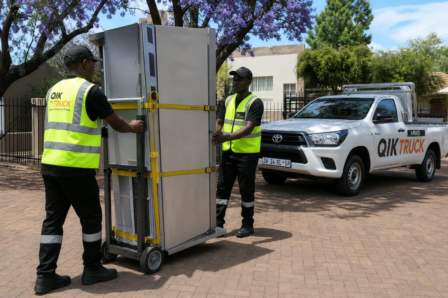 QikTruck crew rolling a fridge upright on an appliance trolley in Pretoria