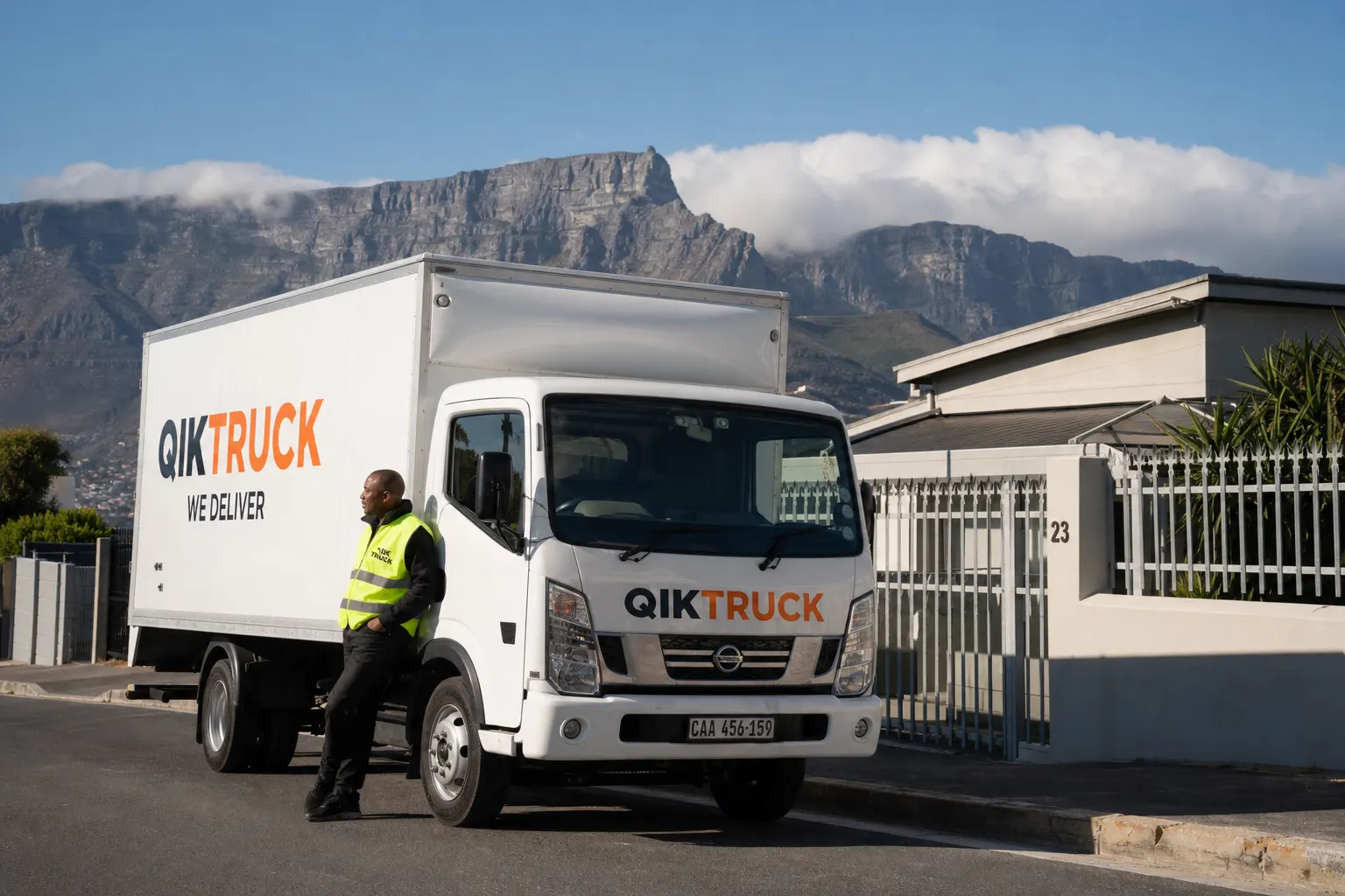 QikTruck 4-ton closed truck in Cape Town with Table Mountain behind