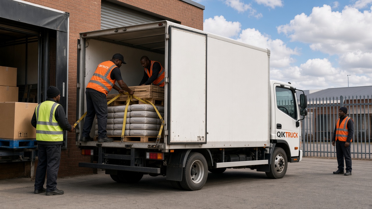 QikTruck crew loading construction materials onto a branded truck at a building site