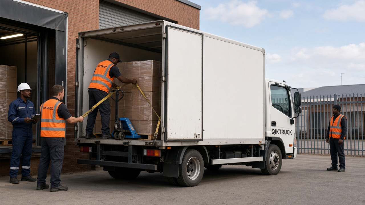 QikTruck crew loading FMCG pallets at a distribution centre loading bay
