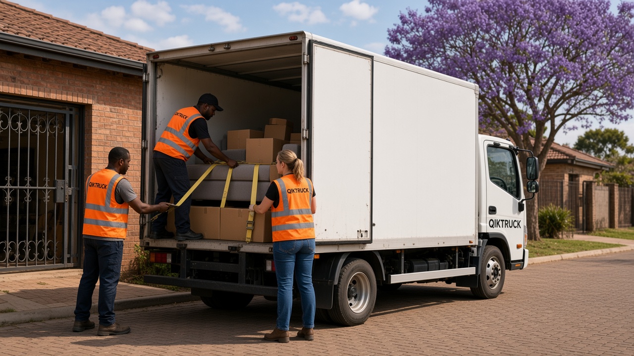 QikTruck crew securing furniture and boxes on a branded truck at a home delivery