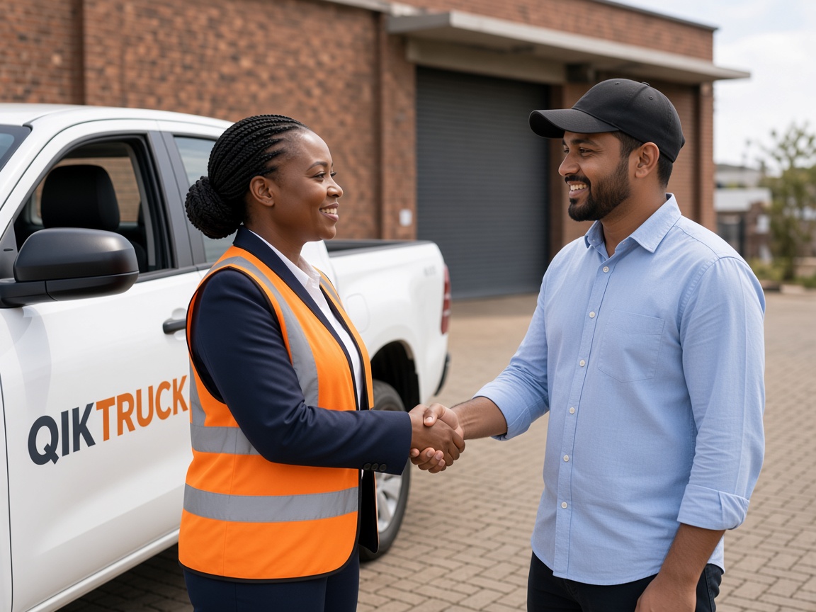 QikTruck partner meeting a furniture showroom owner beside a branded bakkie