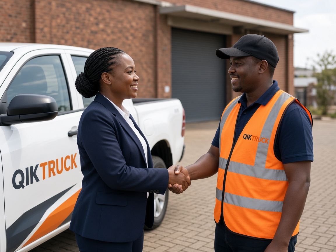 QikTruck business development partner shaking hands with a warehouse client beside a branded bakkie