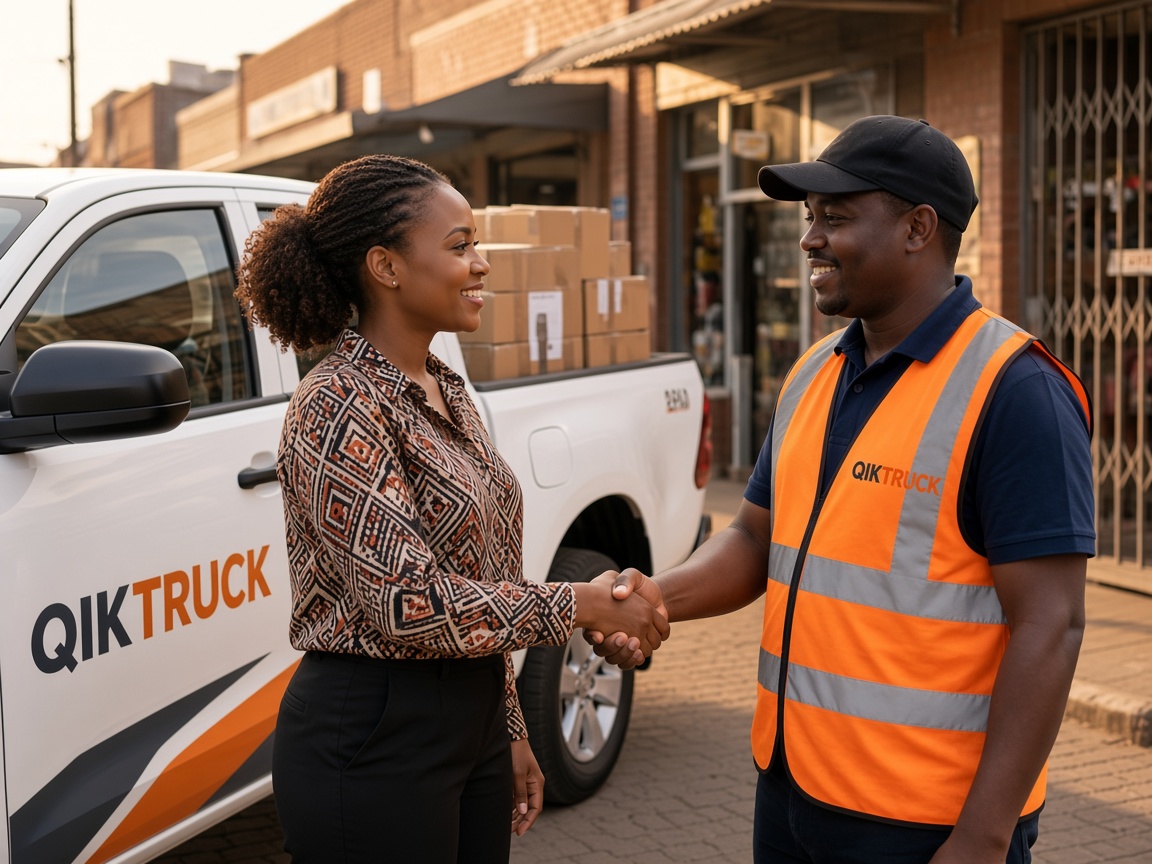 QikTruck partner shaking hands with a retail shop owner beside a loaded branded bakkie