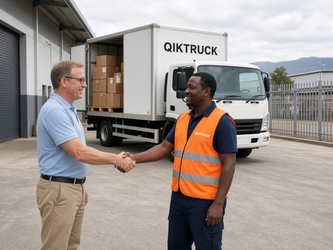 QikTruck partner shaking hands with a warehouse client at a loading bay beside a branded truck