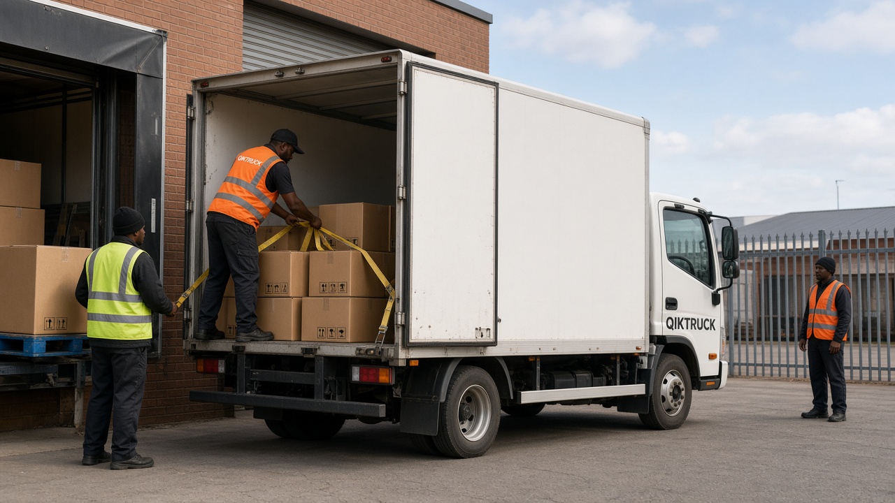 QikTruck crew loading a branded truck at a South African warehouse
