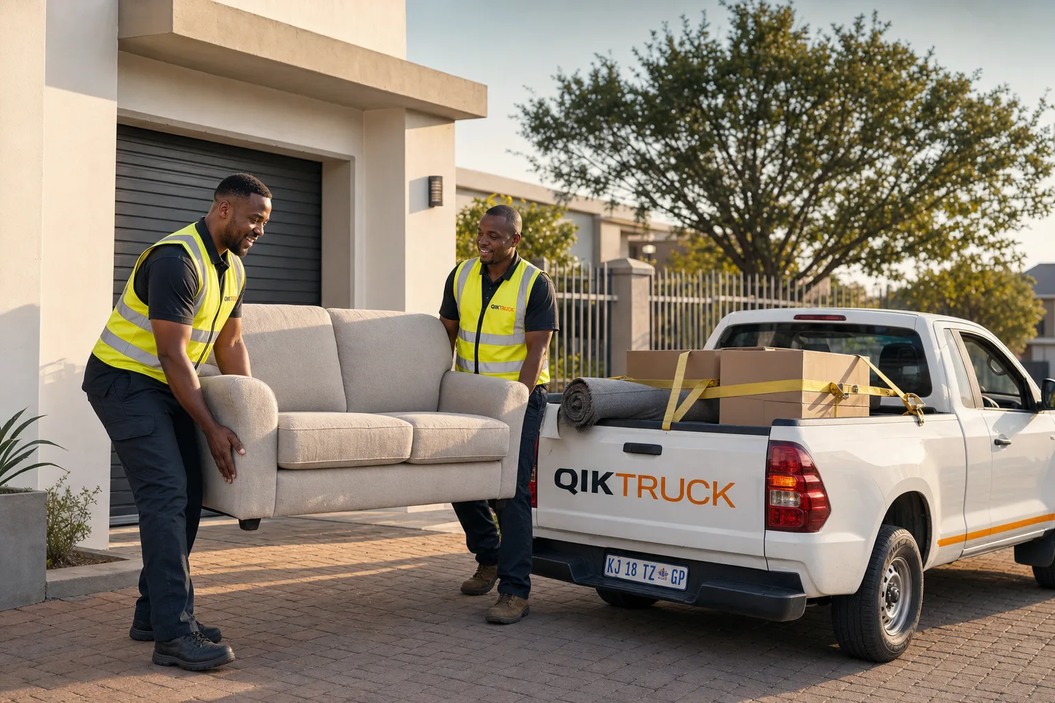 Two QikTruck movers carrying a couch to a branded bakkie in a South African driveway