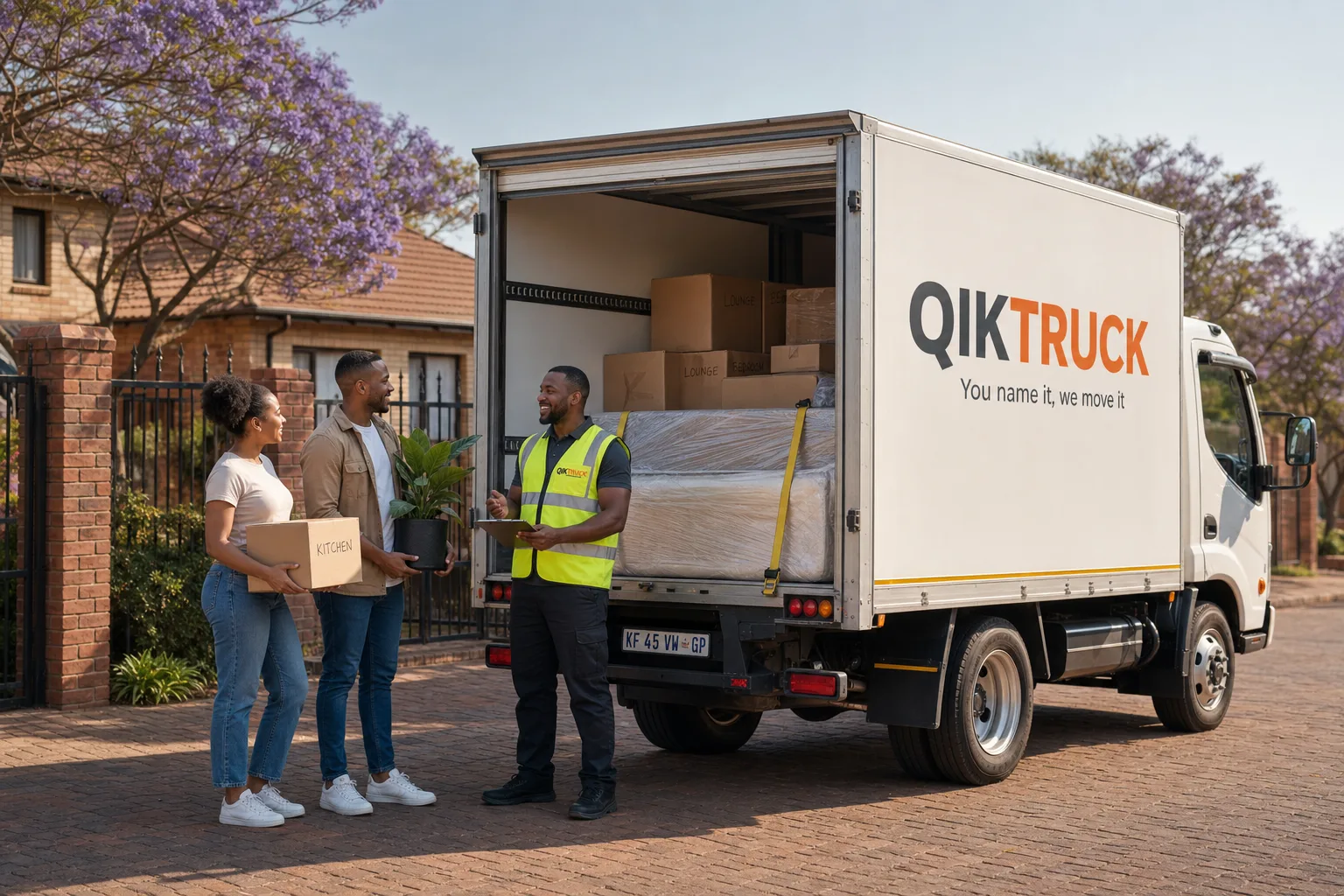 QikTruck driver and a couple loading boxes into a branded moving truck at a South African townhouse