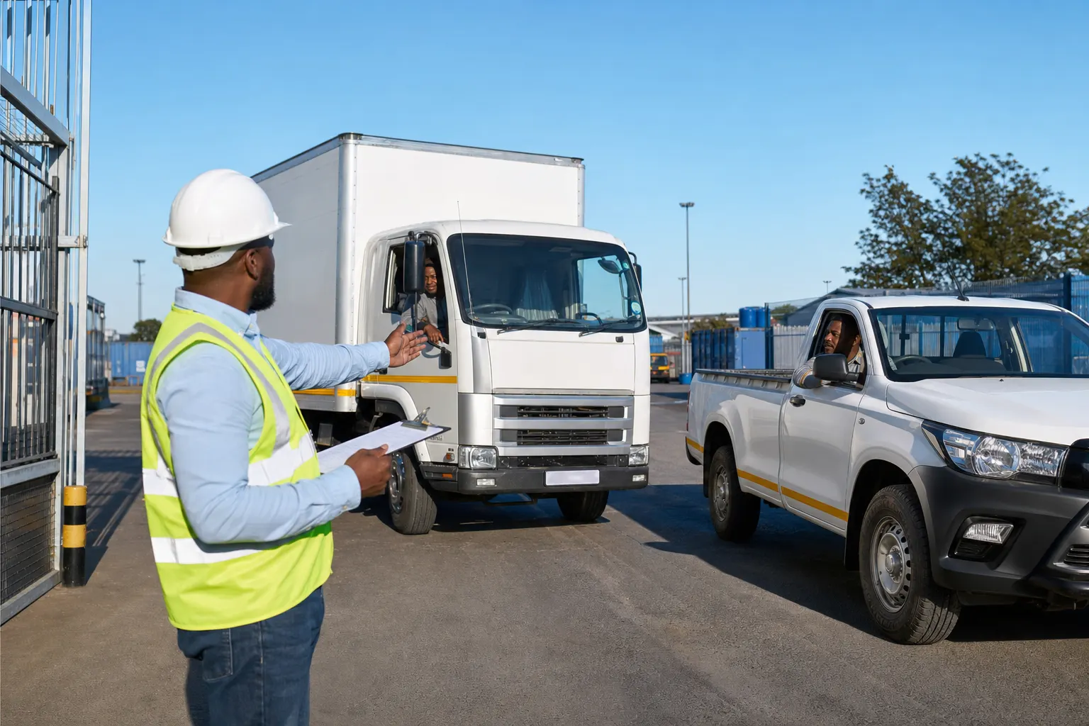 Logistics manager coordinating trucks in a South African yard