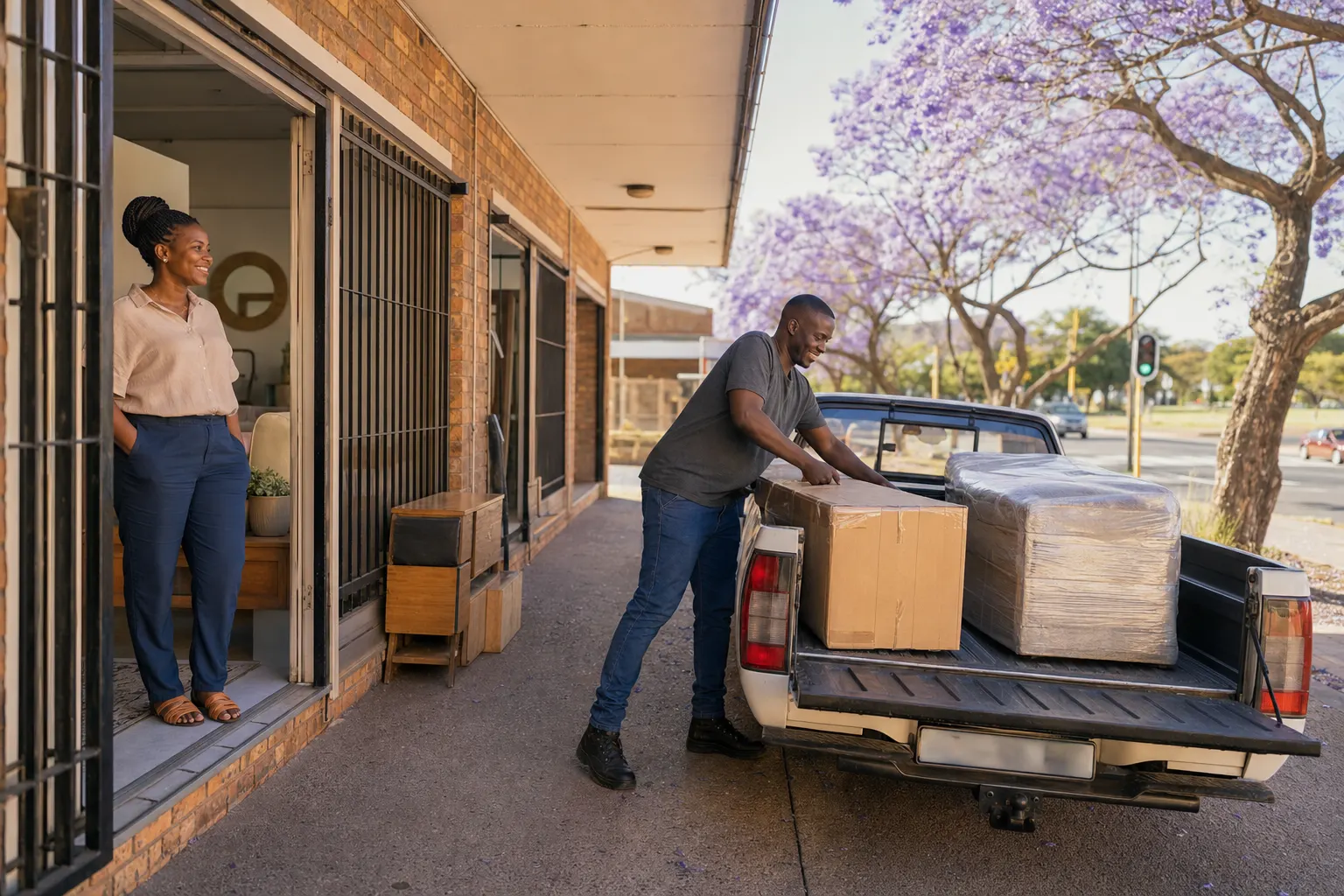 South African shop owner loading furniture onto a bakkie for delivery
