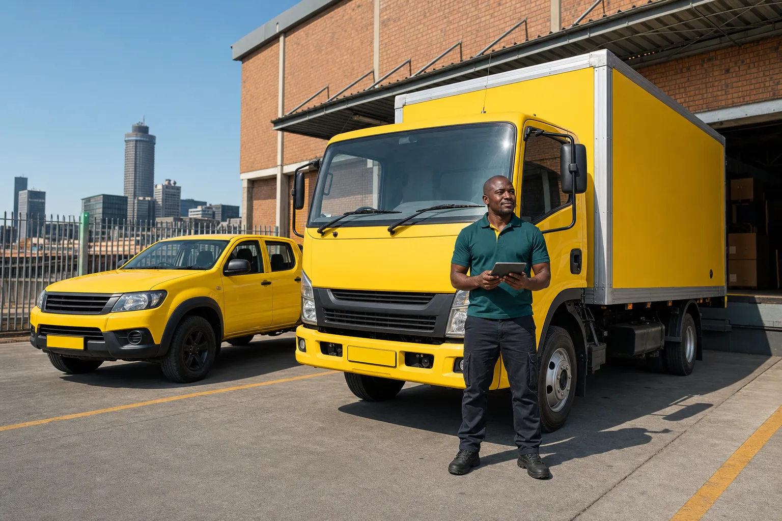 QikTruck branded yellow fleet at a South African warehouse