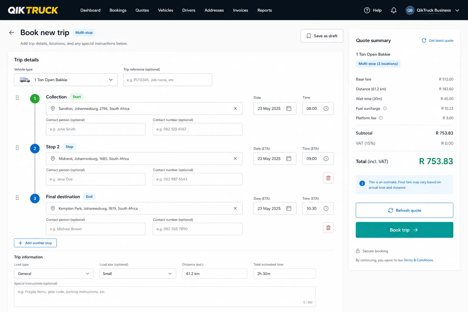 QikTruck Business multi-stop booking form with quote summary