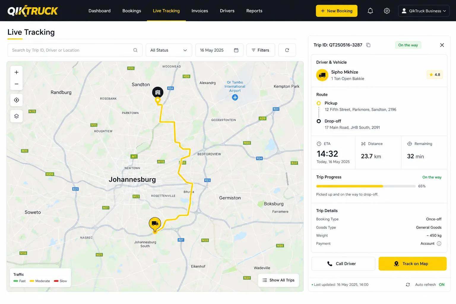 QikTruck Business live tracking map with trip detail sidebar